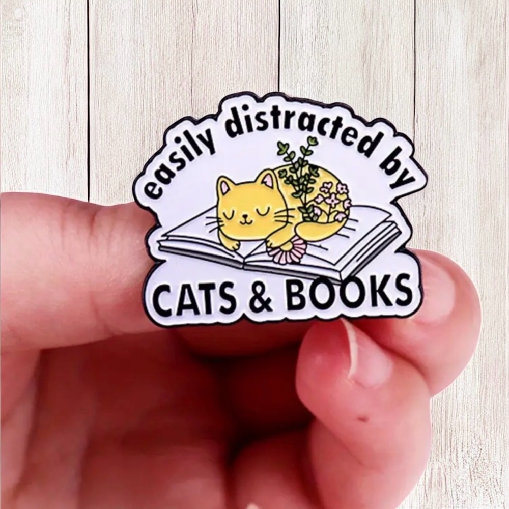 New! Easily Distracted by CATS & BOOKS" Enamel Pin